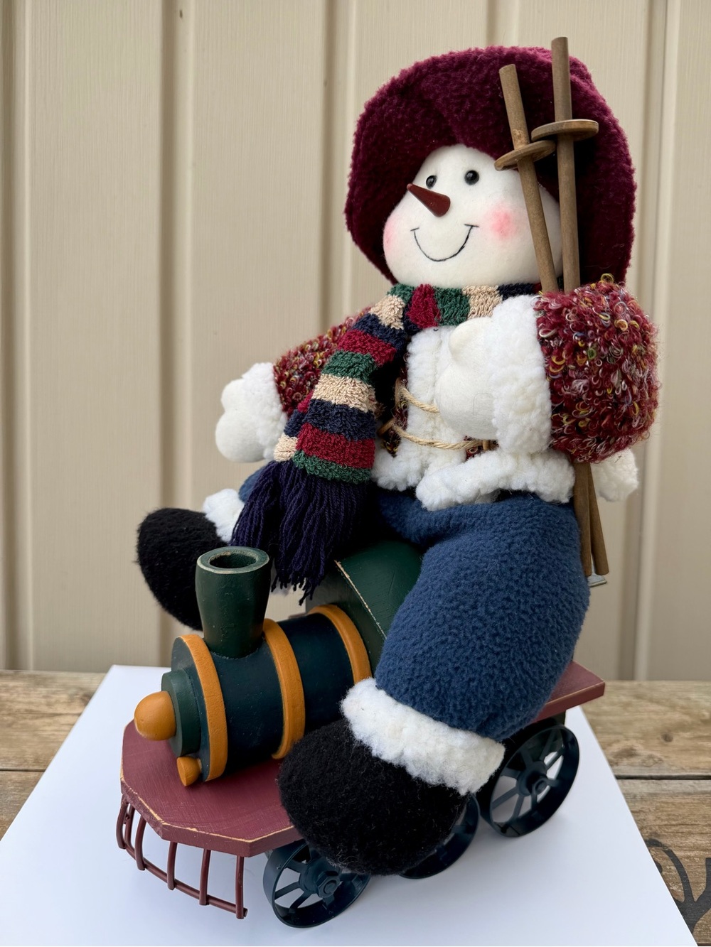 Vintage Plush Snowman Christmas Decoration on Wooden & Metal Holiday Train 14”